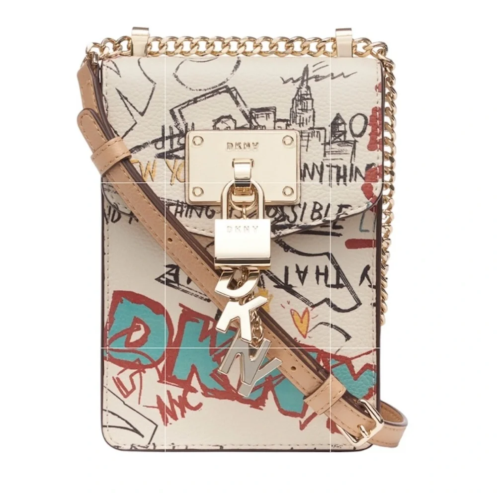 DKNY Womens Elissa North South Cream Graffiti Print Leather Crossbody‎ Bag